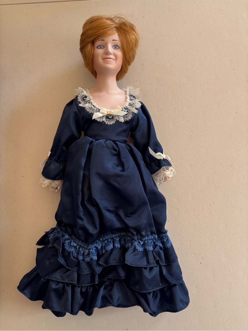Princess Diana - Navy Blue Victorian-Style Porcelain Doll with Lace Trim